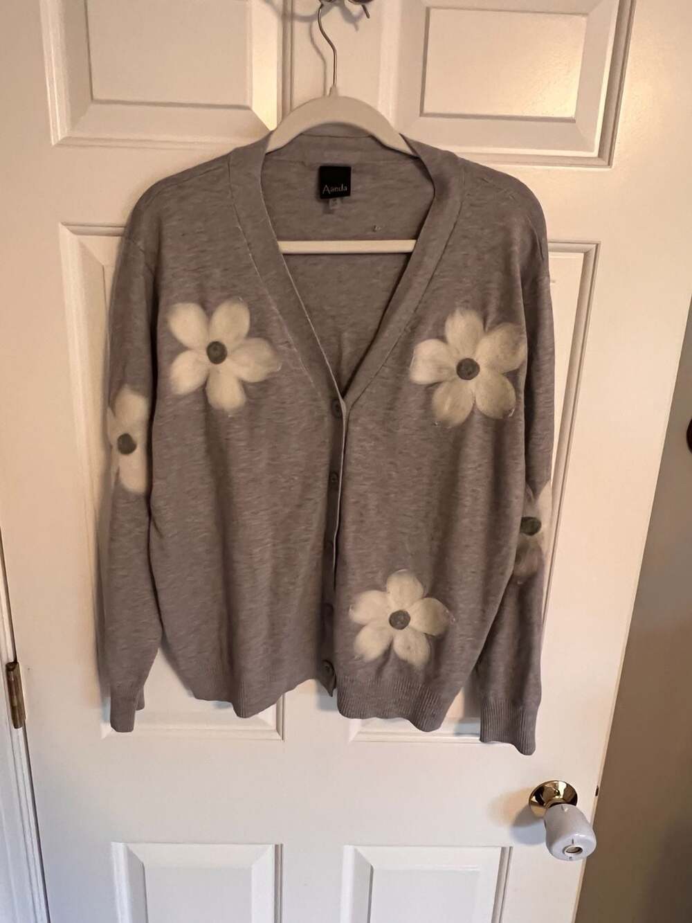 Aaeda‎ Heather Grey Daisy Floral Felted Button Front Cardigan